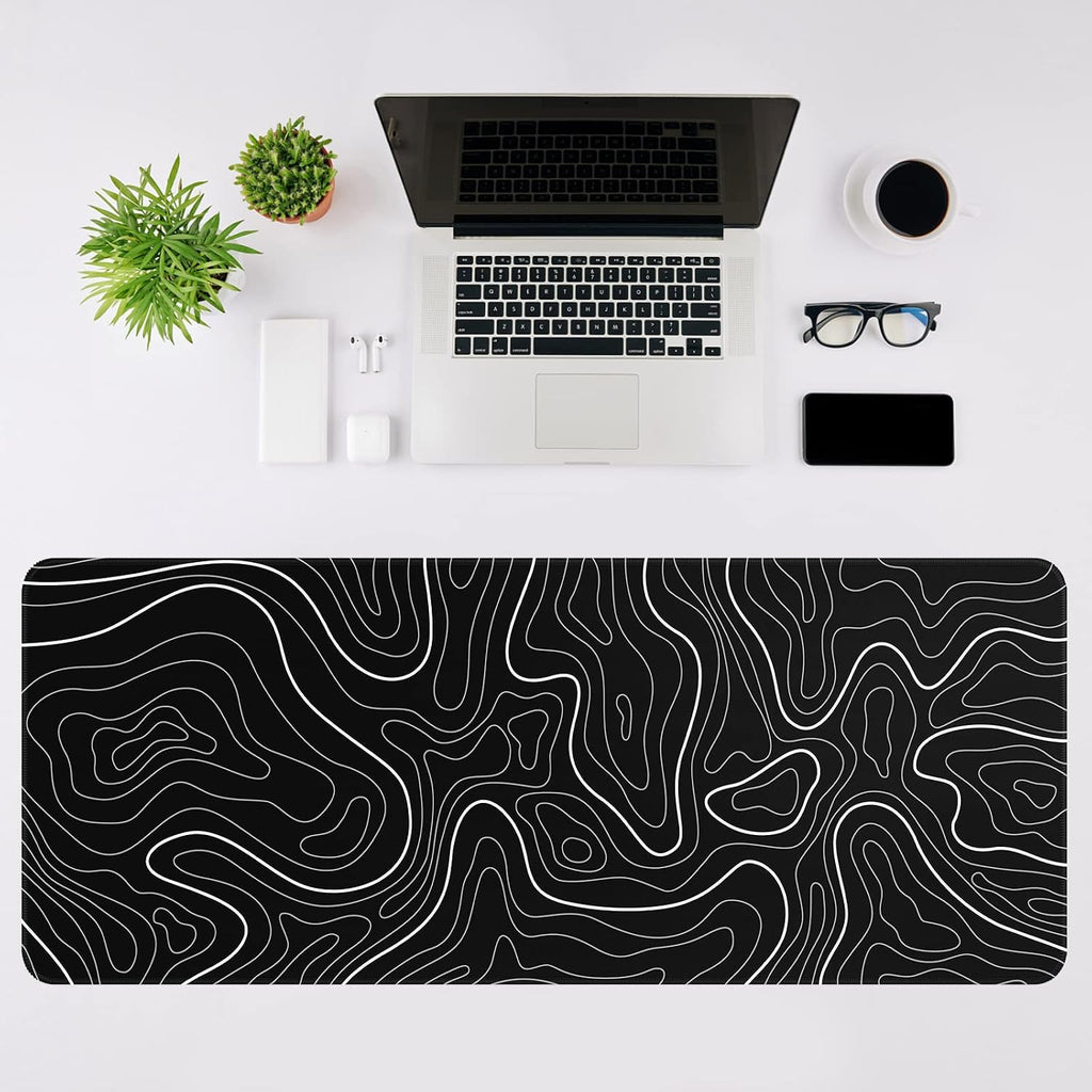 Gaming mouse pad. Black background with a white contour line pattern. Dimensions: 31.5 x 11.8 inches (XL).