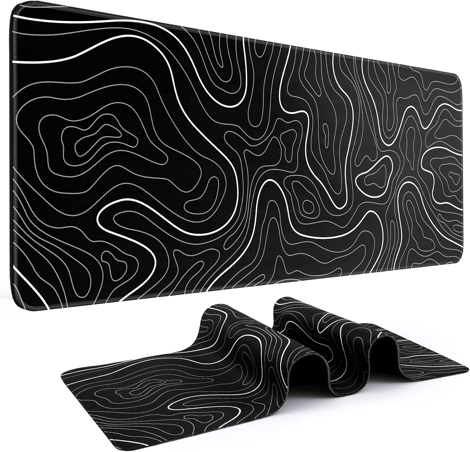 Gaming mouse pad. Black background with a white contour line pattern. Dimensions: 31.5 x 11.8 inches (XL).