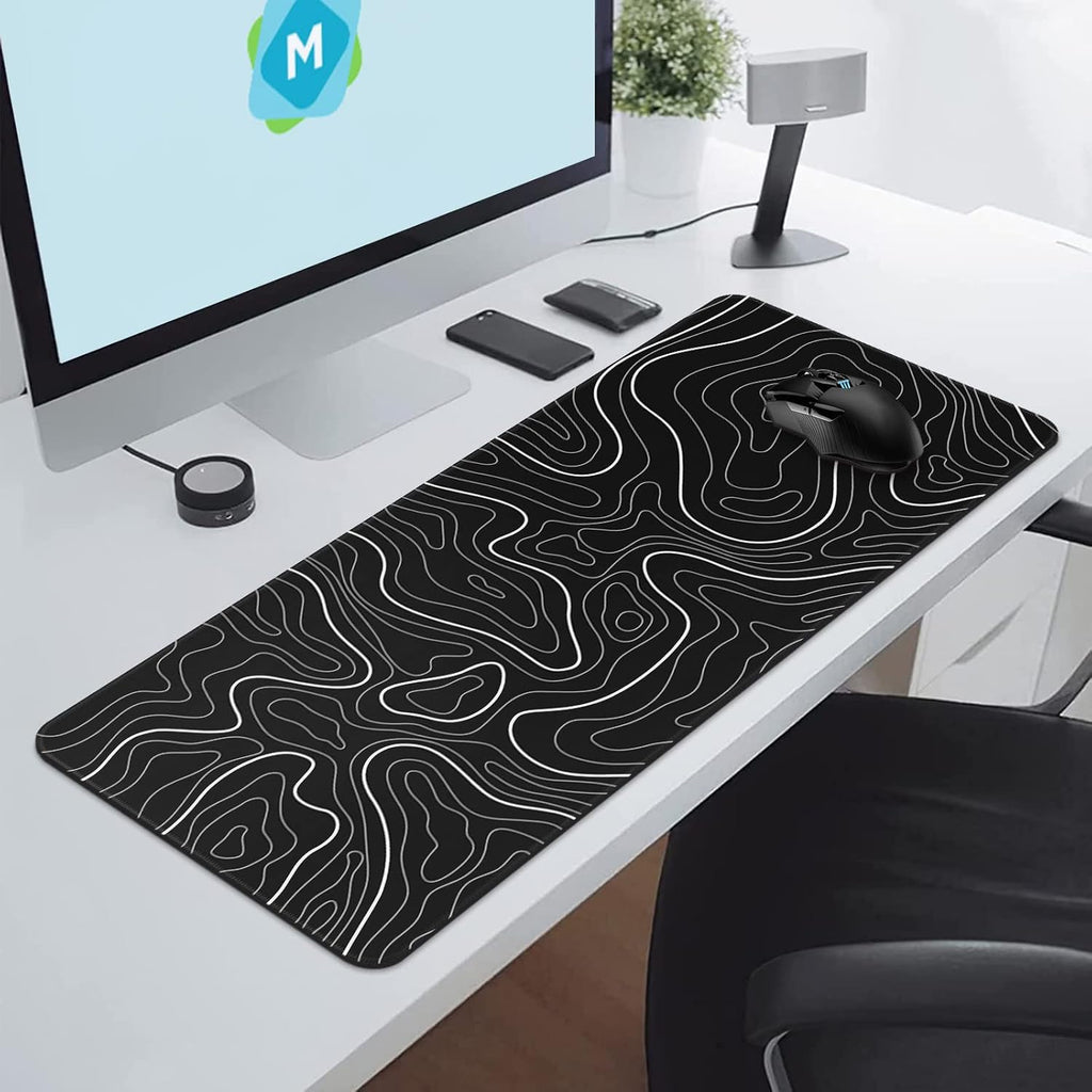 Gaming mouse pad. Black background with a white contour line pattern. Dimensions: 31.5 x 11.8 inches (XL).