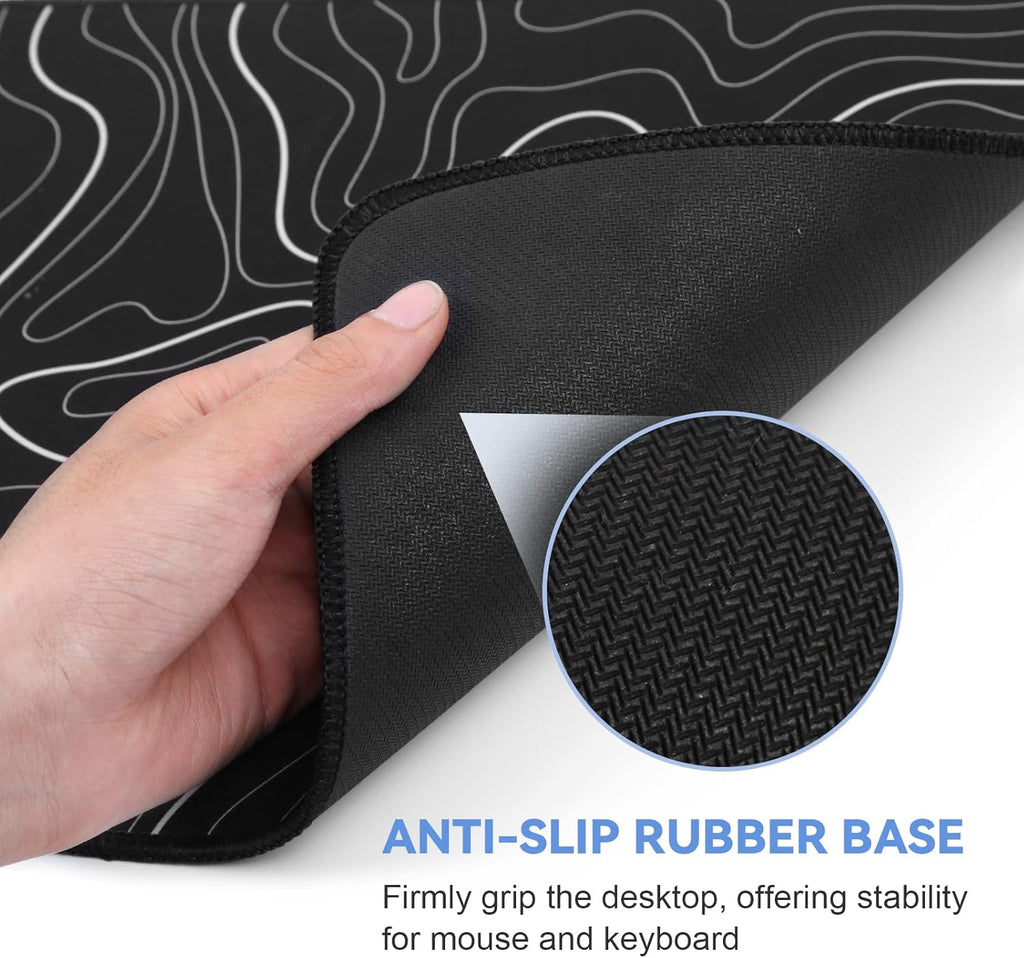Gaming mouse pad. Black background with a white contour line pattern. Dimensions: 31.5 x 11.8 inches (XL).