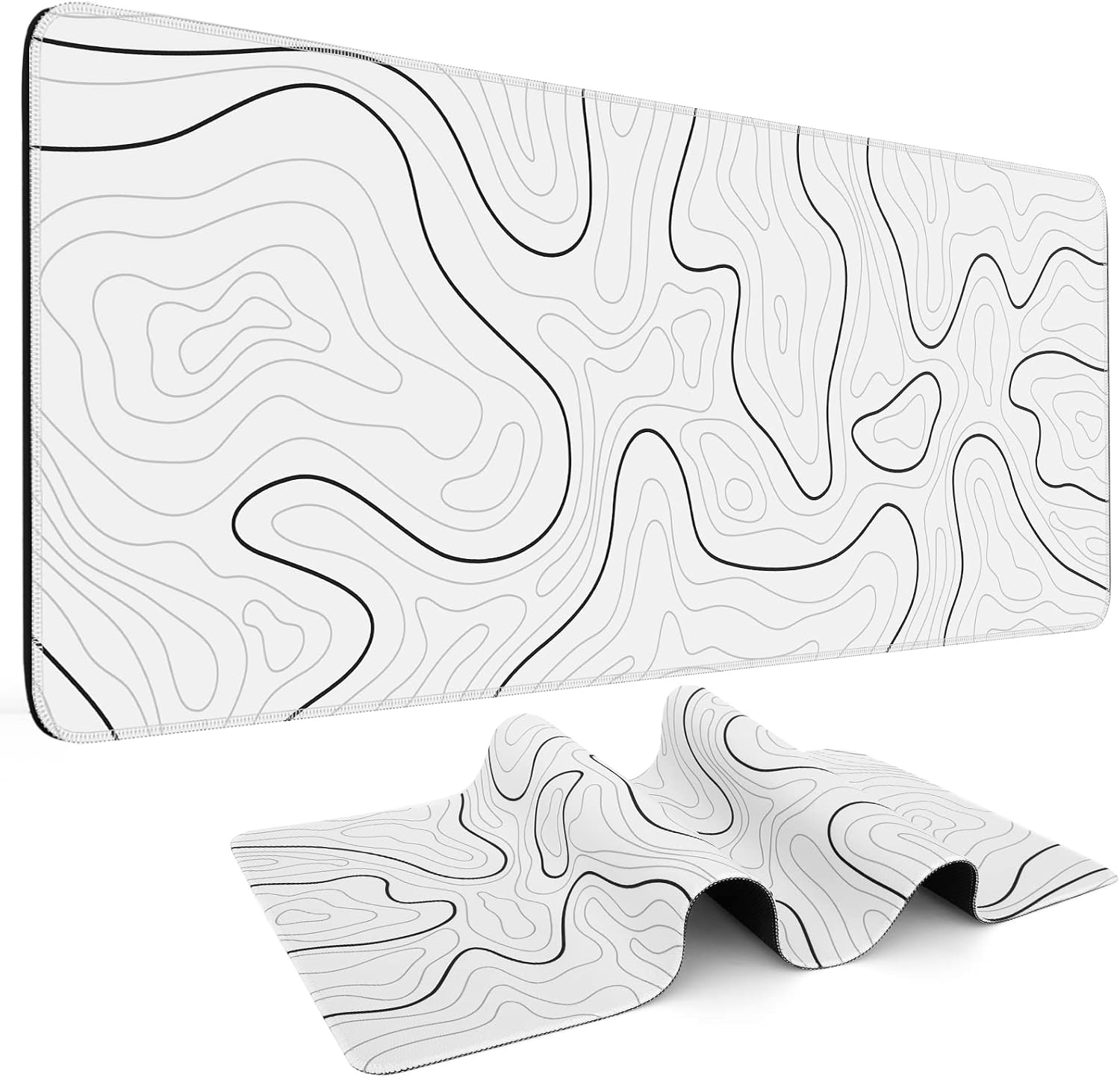 Gaming mouse pad. Black background with a white contour line pattern. Dimensions: 31.5 x 11.8 inches (XL).