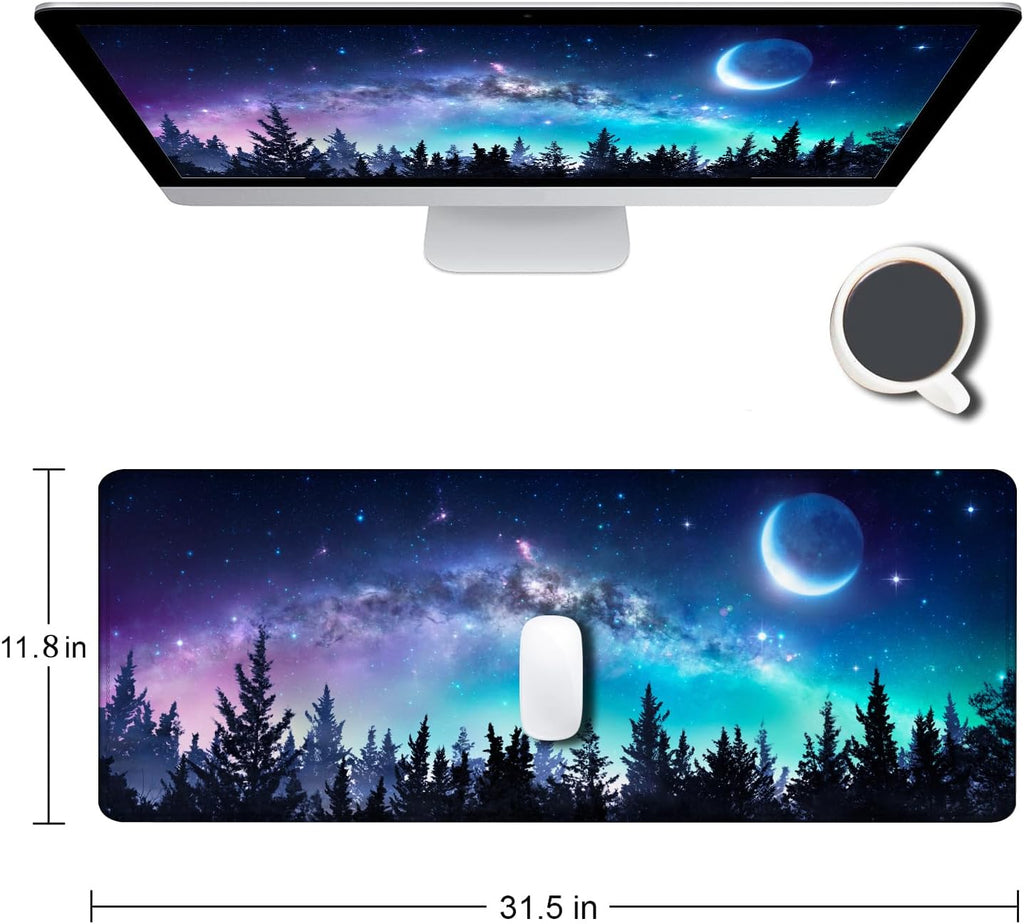 SANWUMIAN Gaming Large Mouse Pad with Stitched Edges. Galaxy Desk Mat. Extended Keyboard Pad. Non-Slip Rubber Base Desk Pad for Keyboard and Mouse. 31.5X11.8 inch. Moon Starry Sky