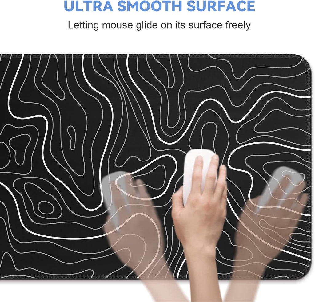 Gaming mouse pad. Black background with a white contour line pattern. Dimensions: 31.5 x 11.8 inches (XL).