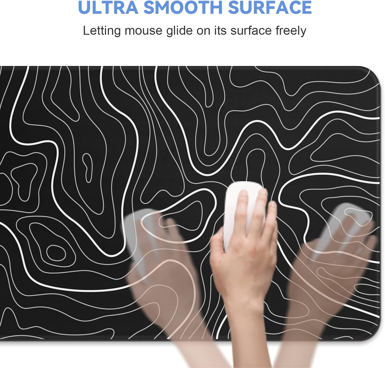 Gaming mouse pad. Black background with a white contour line pattern. Dimensions: 31.5 x 11.8 inches (XL).