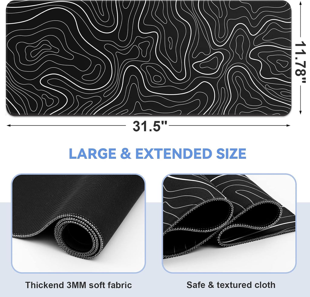 Gaming mouse pad. Black background with a white contour line pattern. Dimensions: 31.5 x 11.8 inches (XL).
