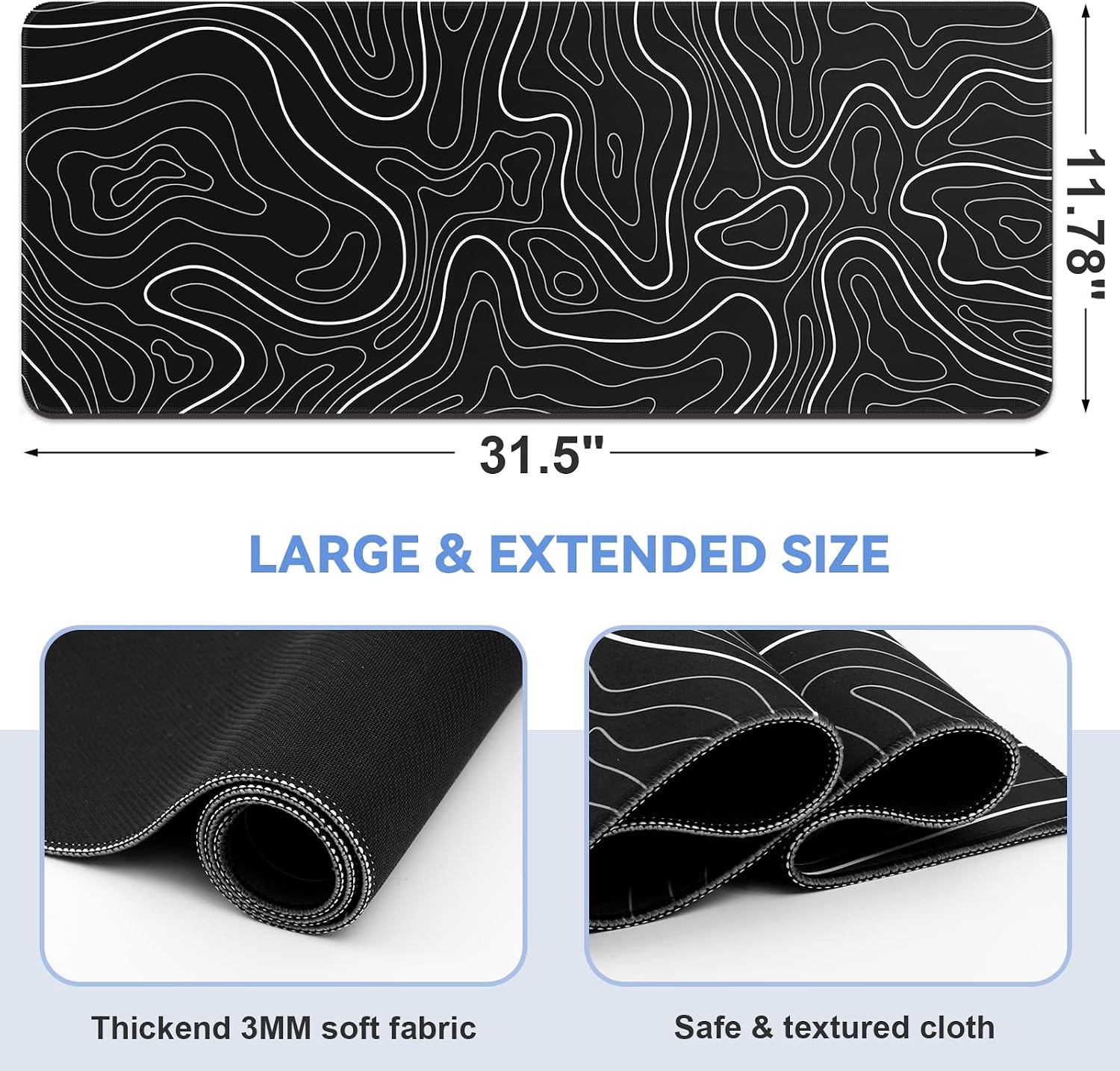 Gaming mouse pad. Black background with a white contour line pattern. Dimensions: 31.5 x 11.8 inches (XL).
