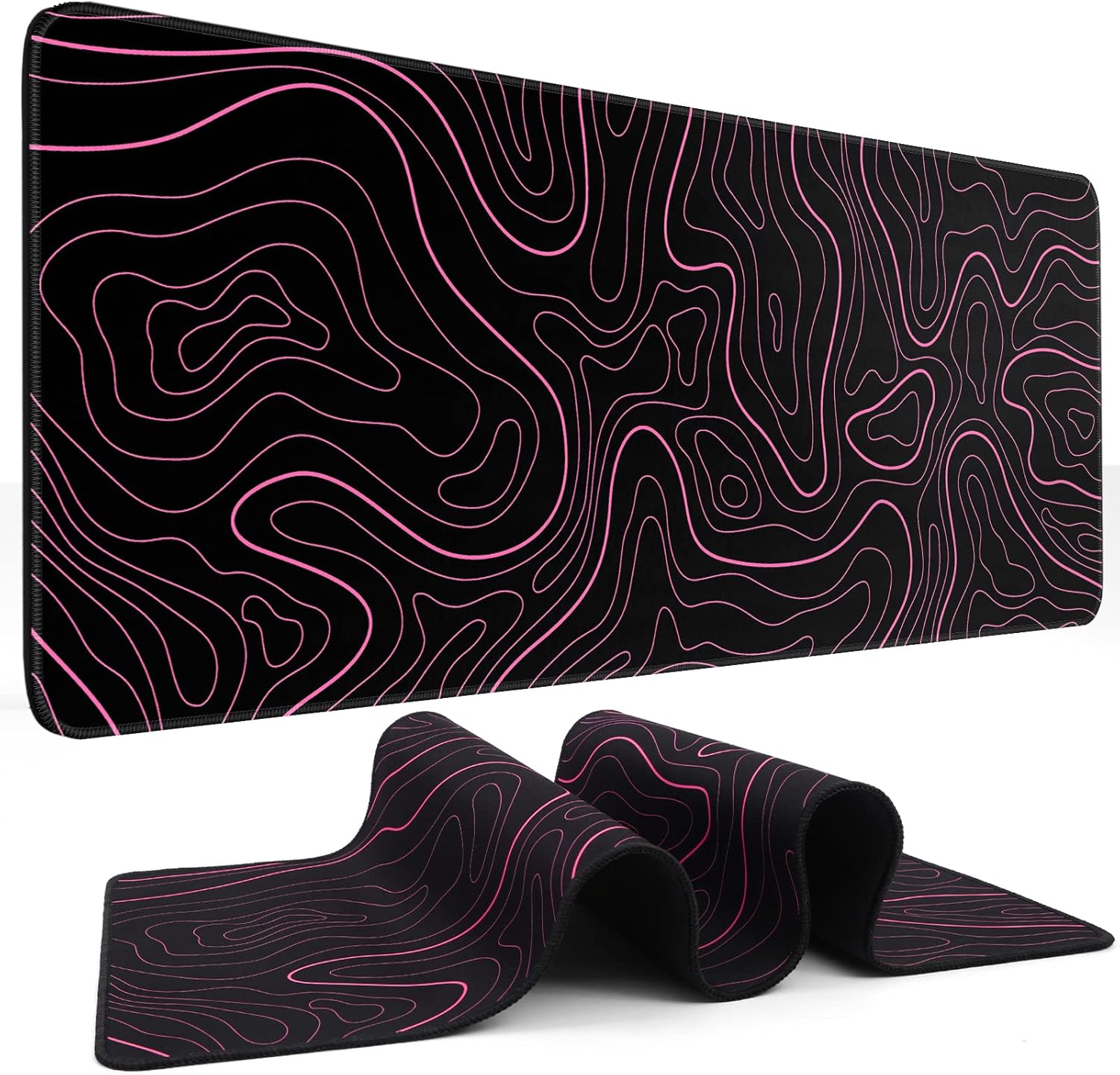 Gaming mouse pad. Black background with a white contour line pattern. Dimensions: 31.5 x 11.8 inches (XL).