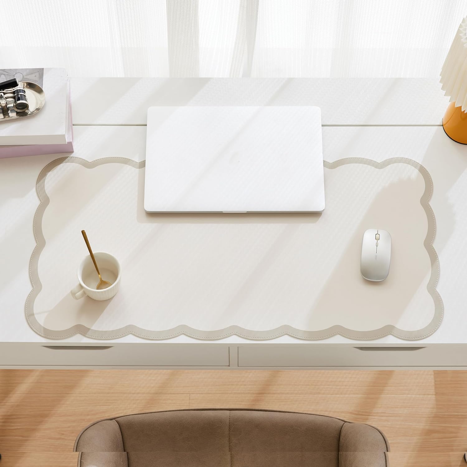 Fan-shaped side table mat (31.5 x 15.7 inches) — a large, cute accessory for your desktop.